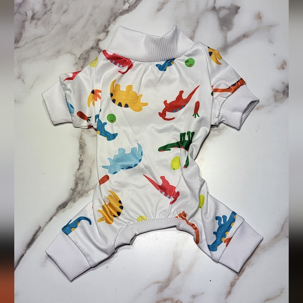XPudac NWOT Dog 2pc White Monkey & Dinosaur Print Full Body Pajama Set Size XS - Picture 4 of 7